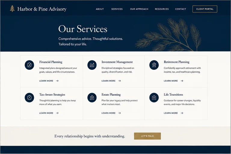 Harbor and Pine Advisory services website concept
