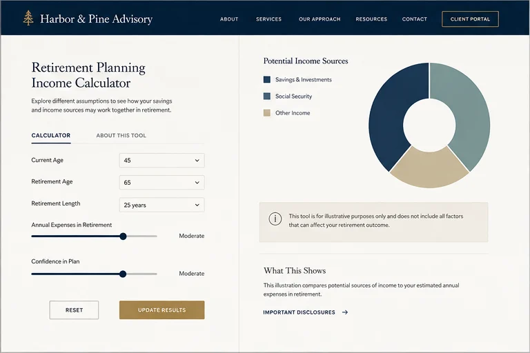 Harbor and Pine retirement planning calculator concept