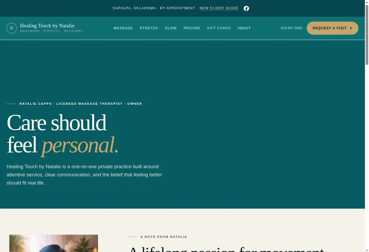 Healing Touch by Natalie about page introducing Natalie and the personal-care philosophy