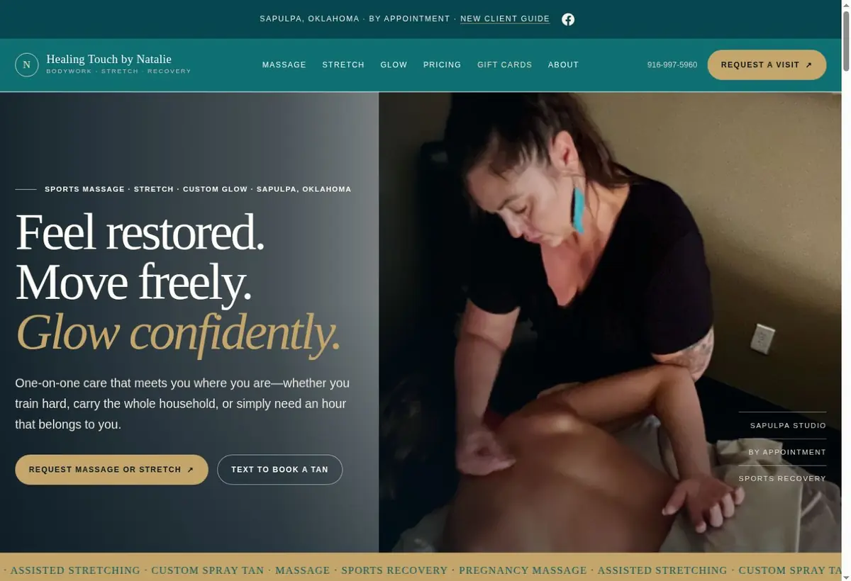 Healing Touch by Natalie homepage with deep teal styling, wellness photography, and request-a-visit navigation
