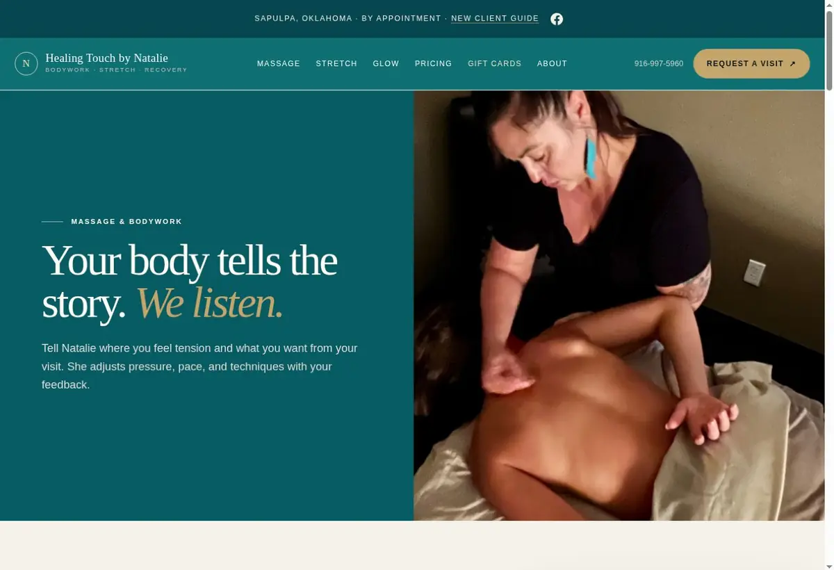 Healing Touch by Natalie massage services page with teal layout and professional bodywork photography