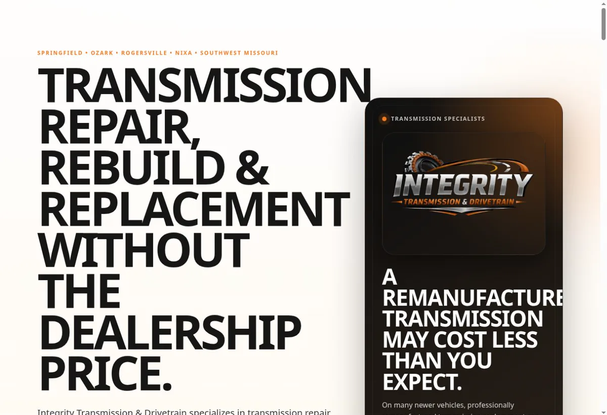 Integrity Transmission and Drivetrain website homepage