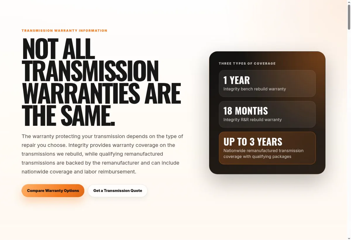 Integrity Transmission and Drivetrain warranty website page