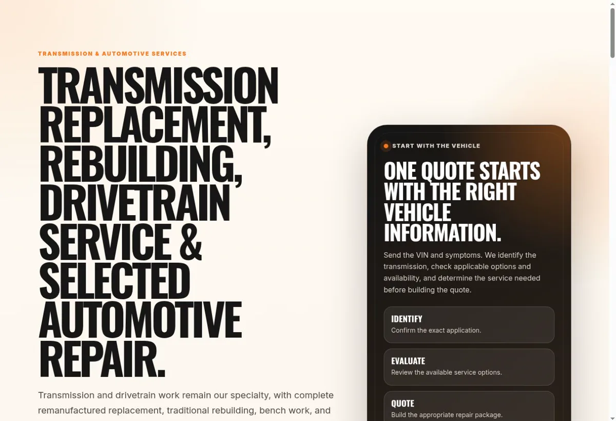 Integrity Transmission and Drivetrain services website page