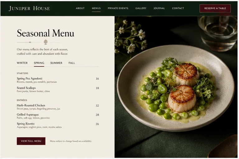 Juniper House seasonal menu website concept
