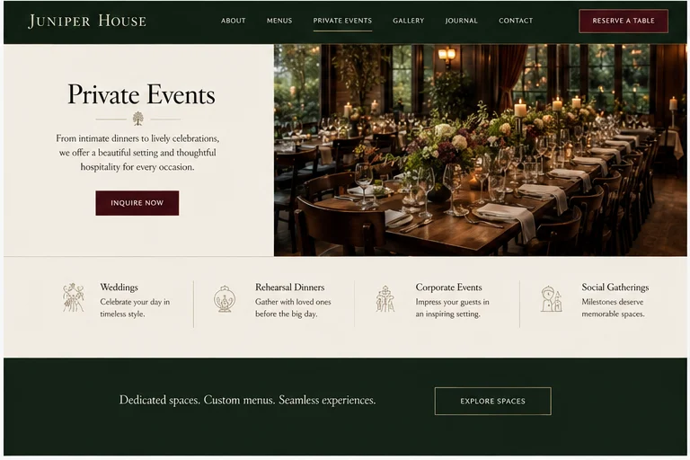 Juniper House private events website concept