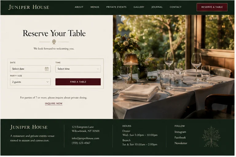 Juniper House reservation booking website concept