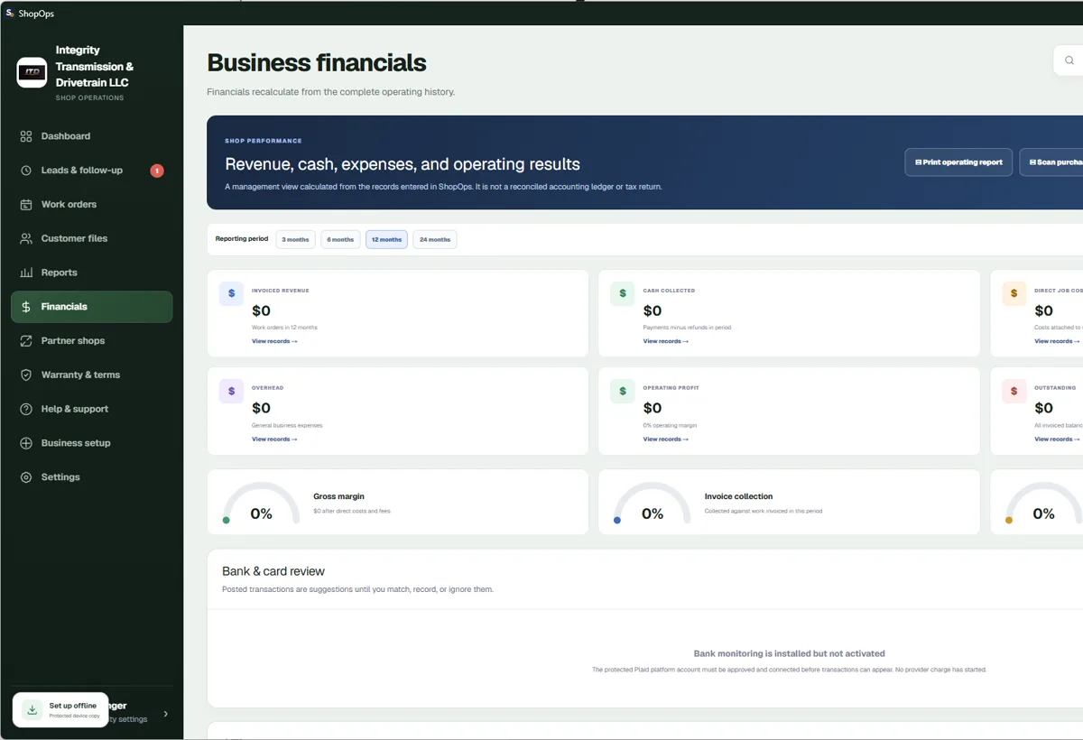 Real ShopOps business financials dashboard with revenue, costs, profit, and bank review