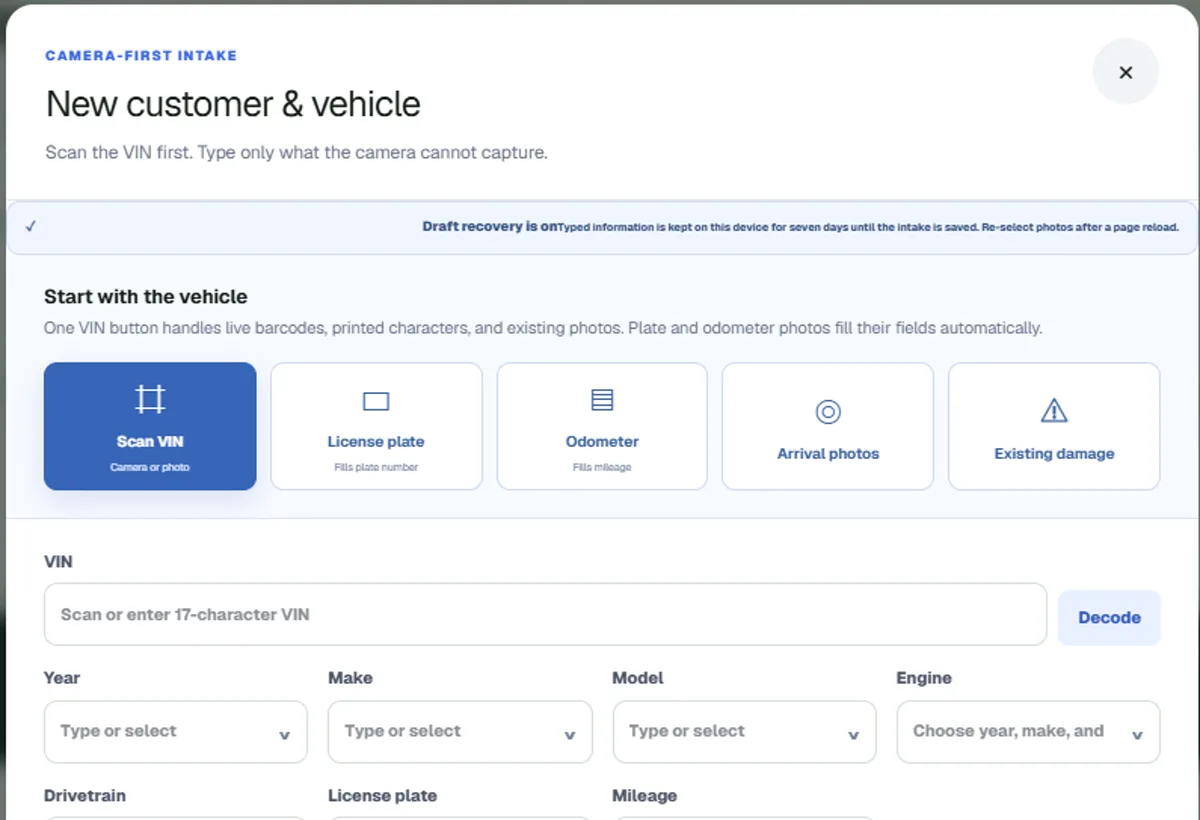 Real ShopOps new customer and vehicle intake with VIN, plate, odometer, and photo capture
