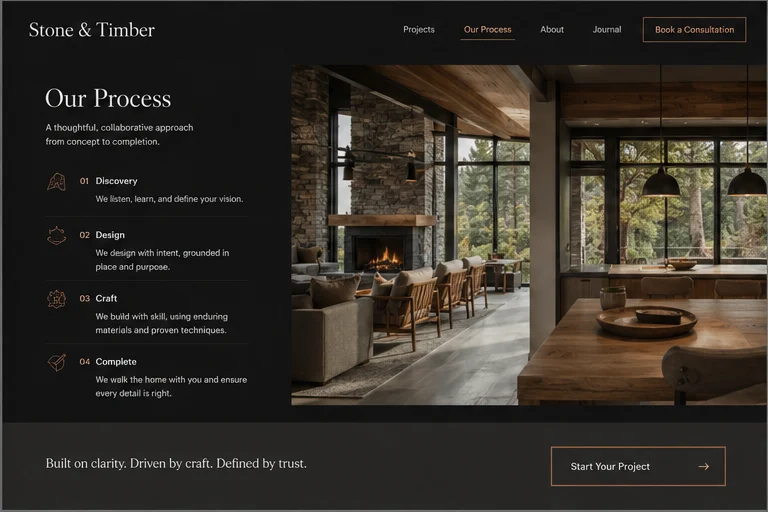 Stone and Timber build process website concept